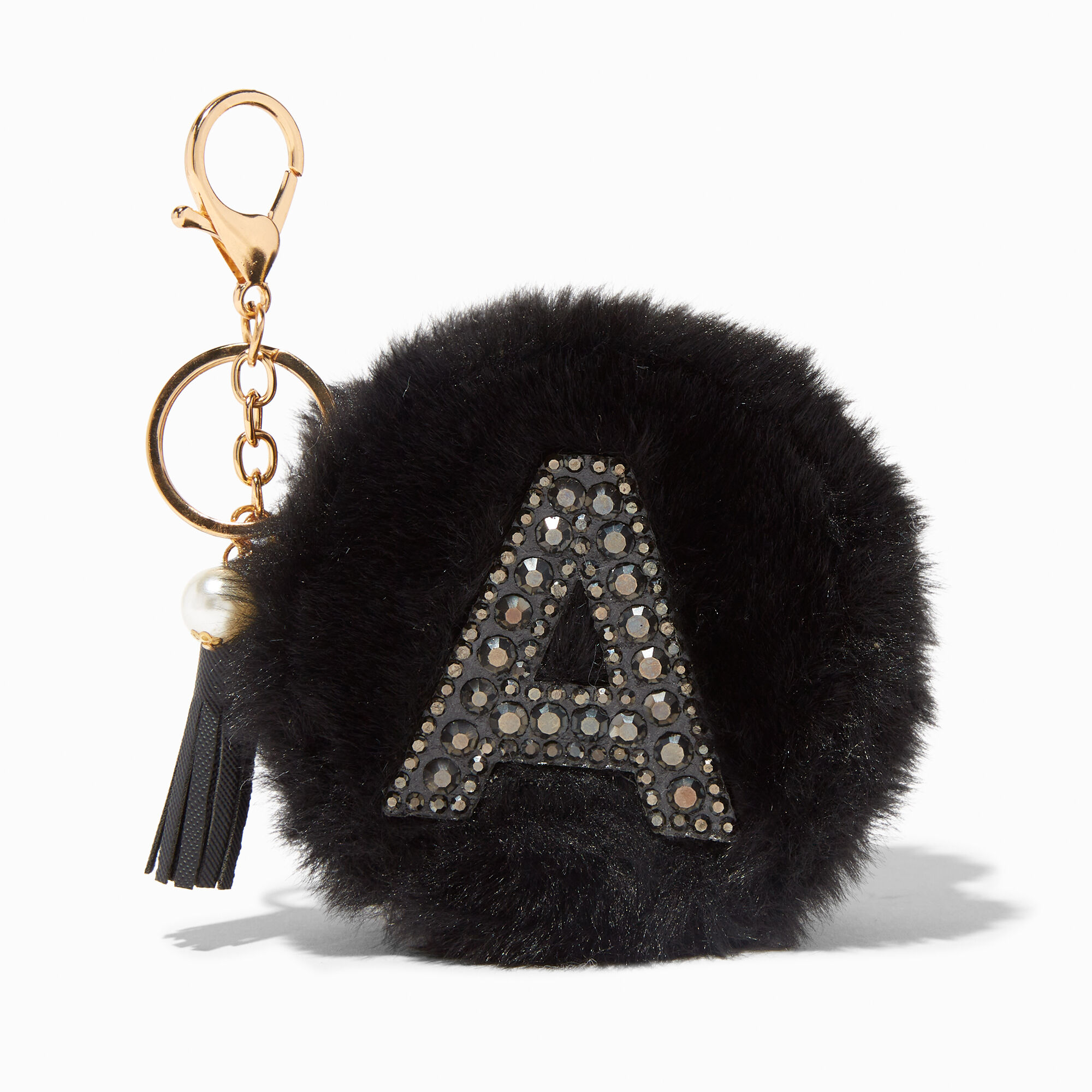 View Claires Furry Pearl Initial Coin Purse Keyring A Black information