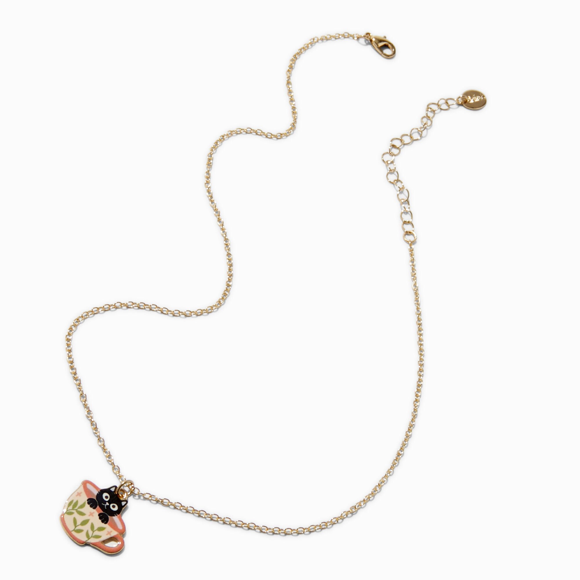Black Cat Teacup Pendant Necklace,
