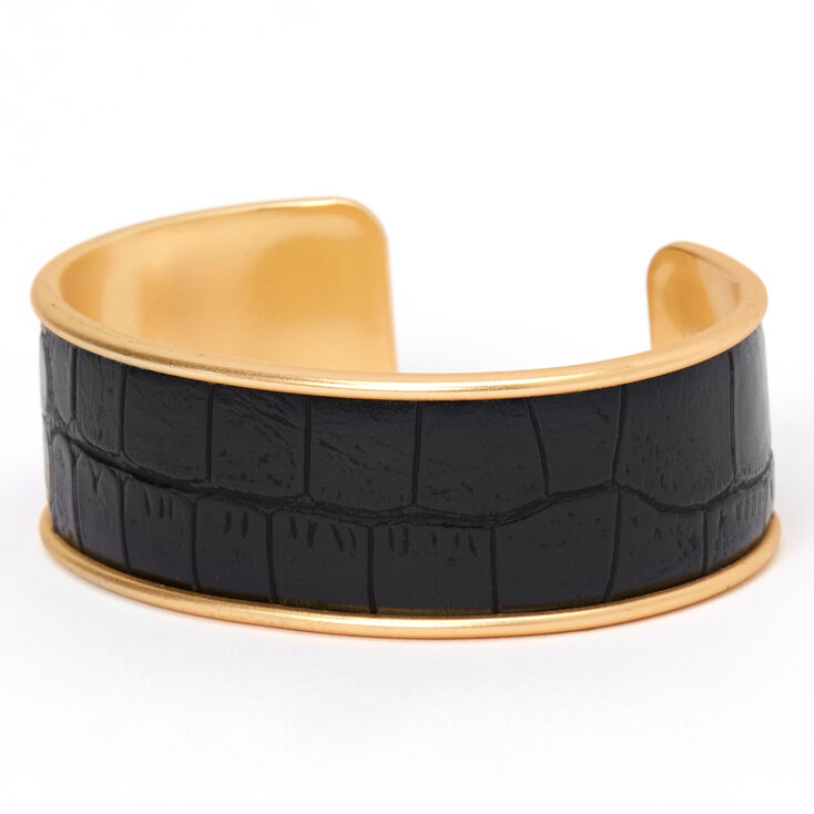 Bracelet manchette large cuir imitation croco noire,