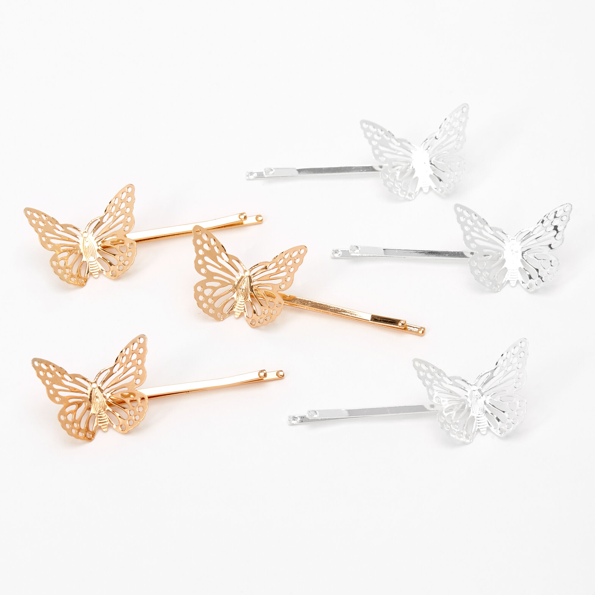 Set of 4 Butterfly Metal Hair Claw Clips Silver Tone with  Sparkly Glitter Top 