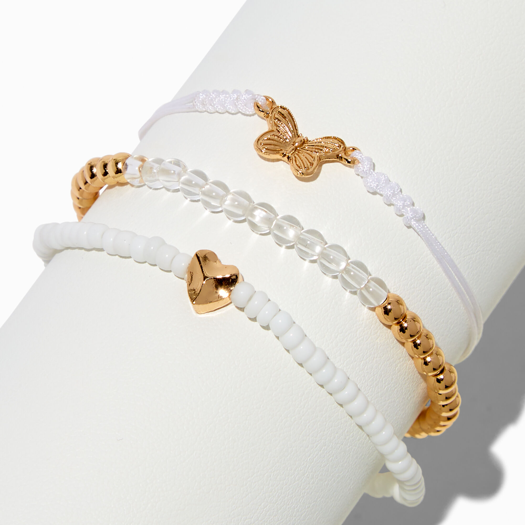 Butterfly & Heart White Seed Bead Bracelet Set - 3 Pack,