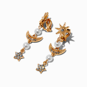 Celestial Crystal &amp; Pearl Clip-On Drop Earrings,