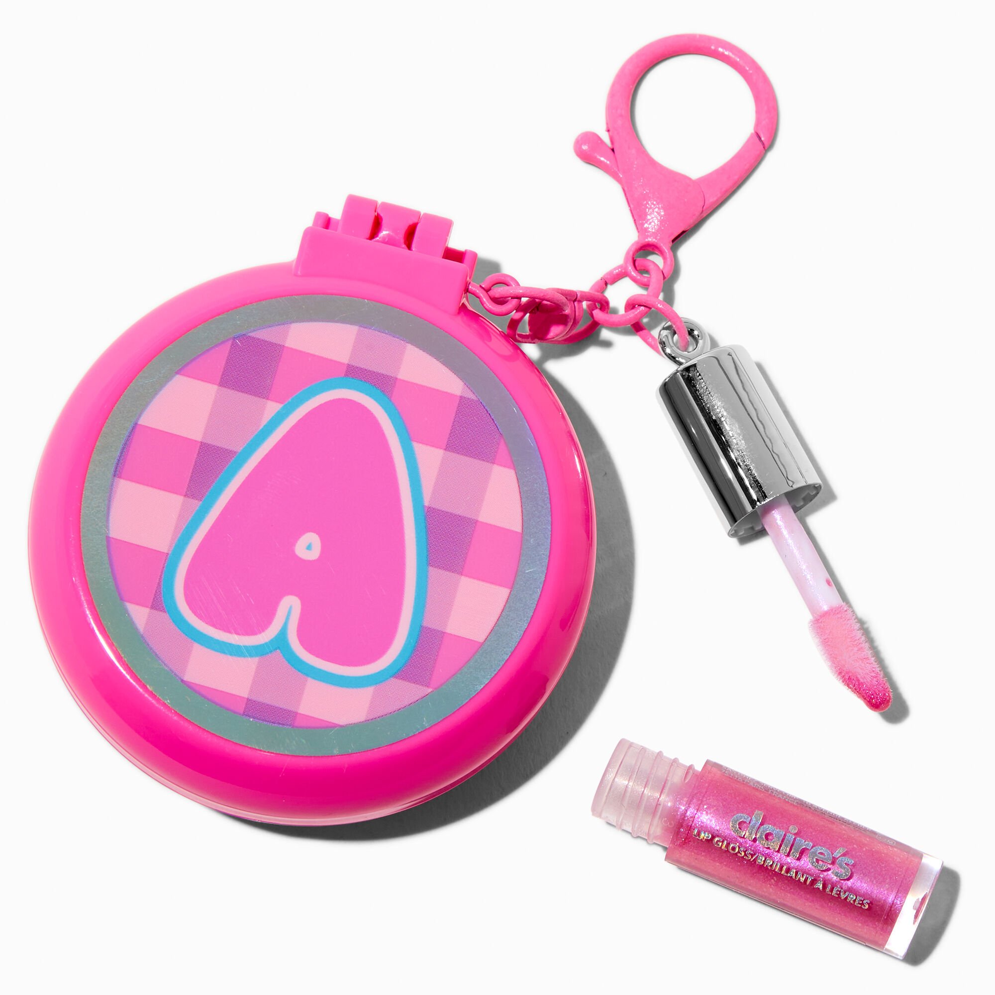 Pink Plaid Initial Hair Brush & Lip Gloss Keychain - A,