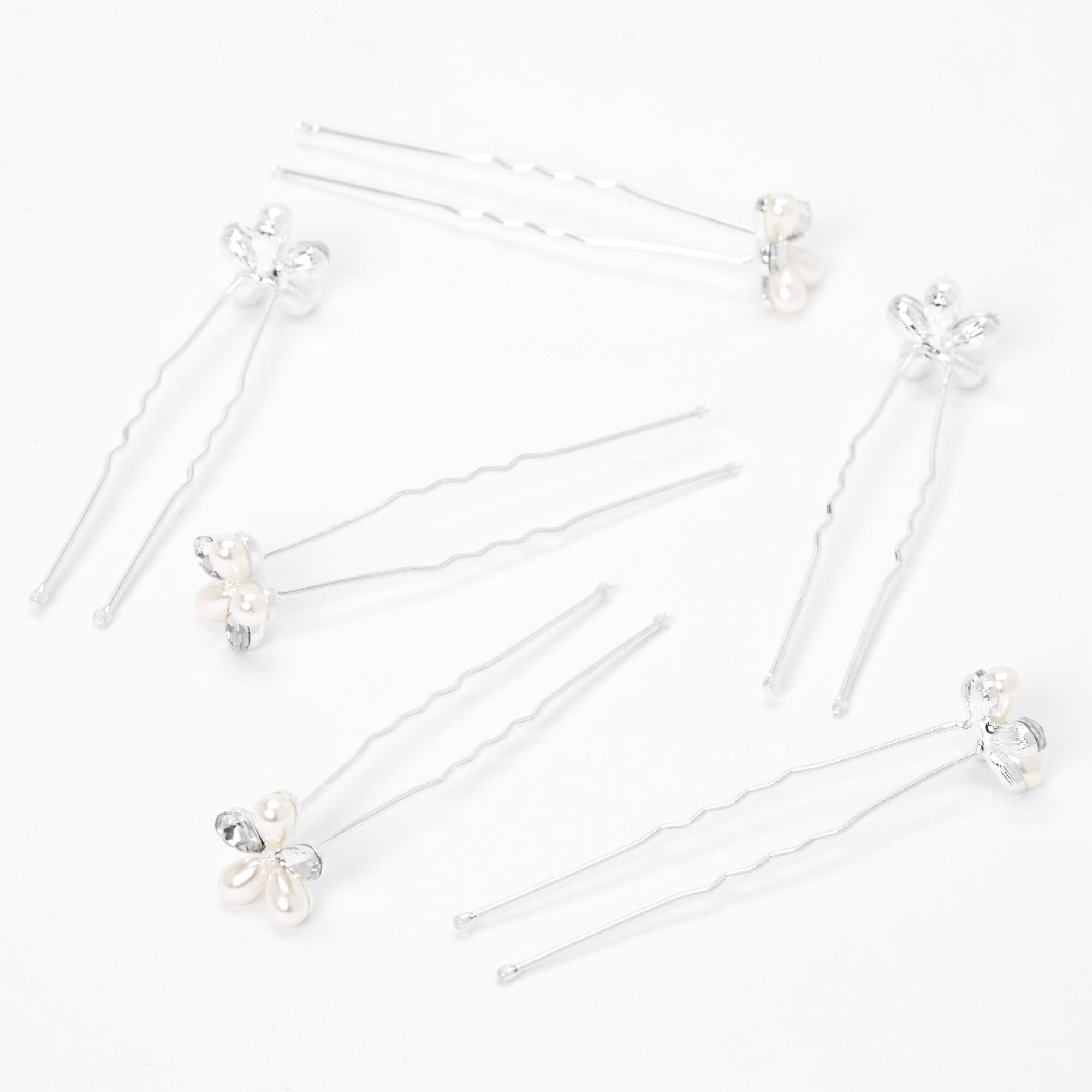 View Claires Pearl Crystal Floral Hair Pins 6 Pack Silver information