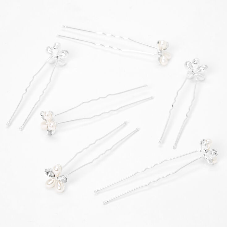 Pearl &amp; Crystal Floral Hair Pins - 6 Pack,