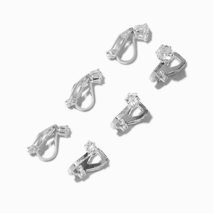 Silver-tone Cubic Zirconia 3mm, 4mm, &amp; 5mm Round Clip-On Stud Earrings - 3 Pack,