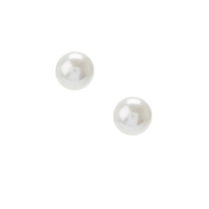Silver 12MM Pearl Stud Earrings - White,
