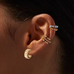Gold-tone Textured Hoop &amp; Ear Cuff Stack - 3 Pack,