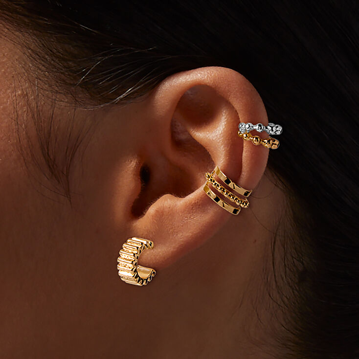 Gold-tone Textured Hoop &amp; Ear Cuff Stack - 3 Pack,
