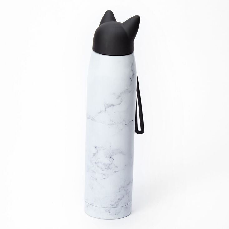 Cat Ears White Marble Print Metal Water Bottle,