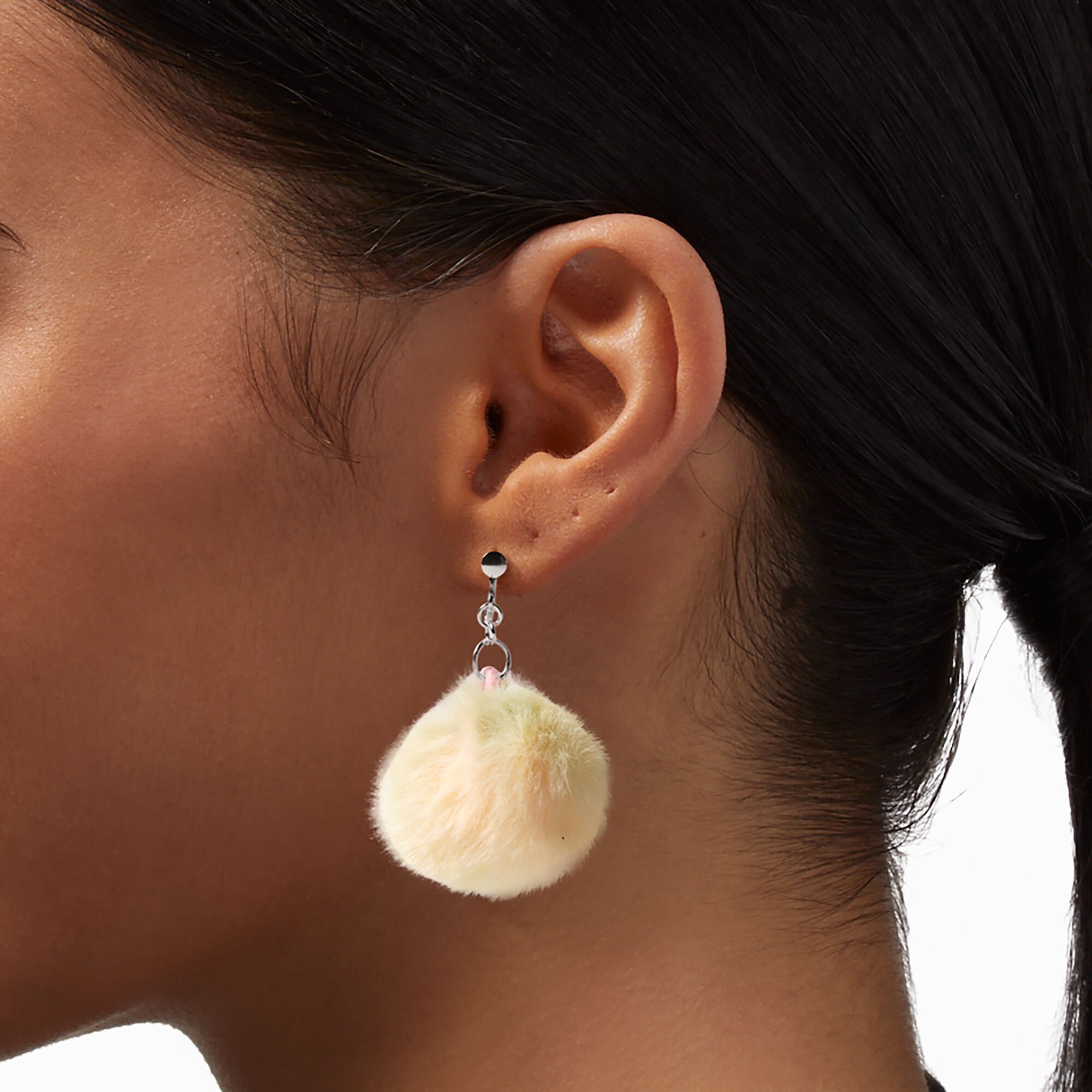 Silver 1.5 Pom Pom Clip On Drop Earrings Rainbow Claire s US