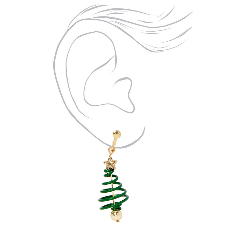 Christmas Tree Spiral Clip on Drop Earrings,