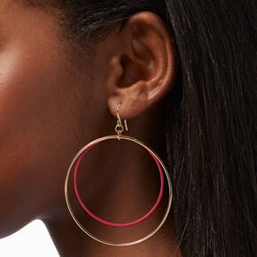Gold-tone 3&#39;&#39; Pink Enamel Double Ring Hoop Drop Earrings,