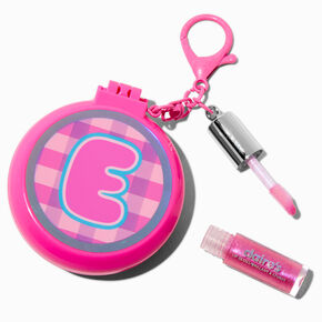 Pink Plaid Initial Hair Brush &amp; Lip Gloss Keychain - E,