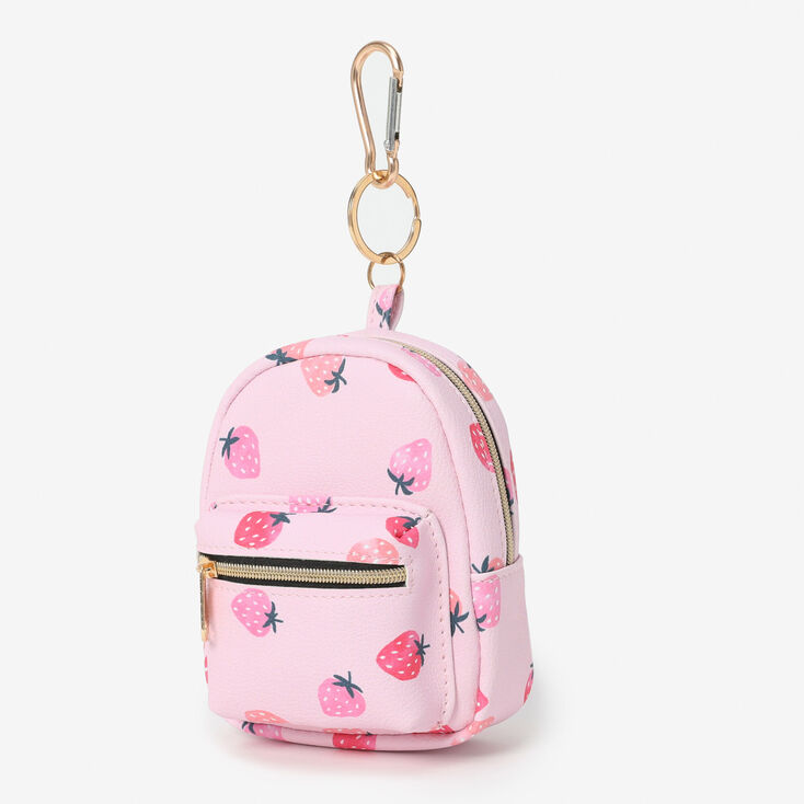 Pink Strawberry Print Mini Backpack Keychain,