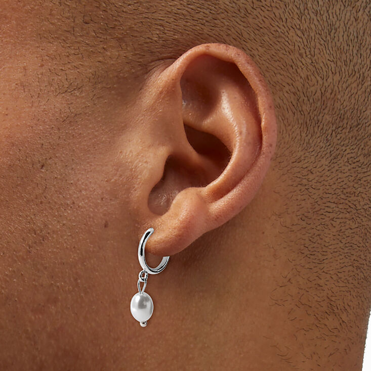 Silver-tone 10mm Pearl Clip-On Huggie Hoop Earrings,