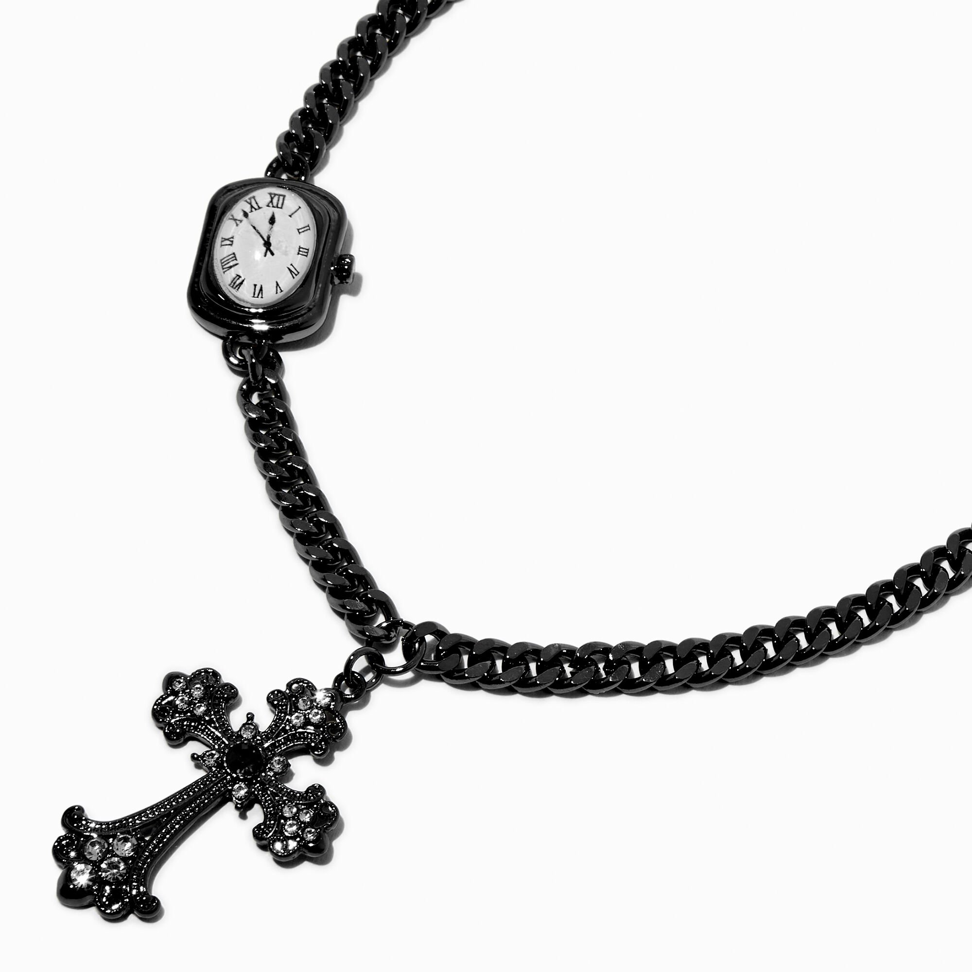 Collier à pendentif horloge et croix couleur hématite oversize,