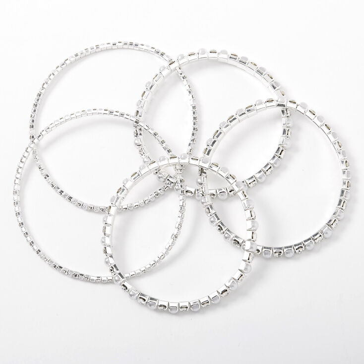 Silver Rhinestone &amp; Pearl Stretch Bracelets - 5 Pack,