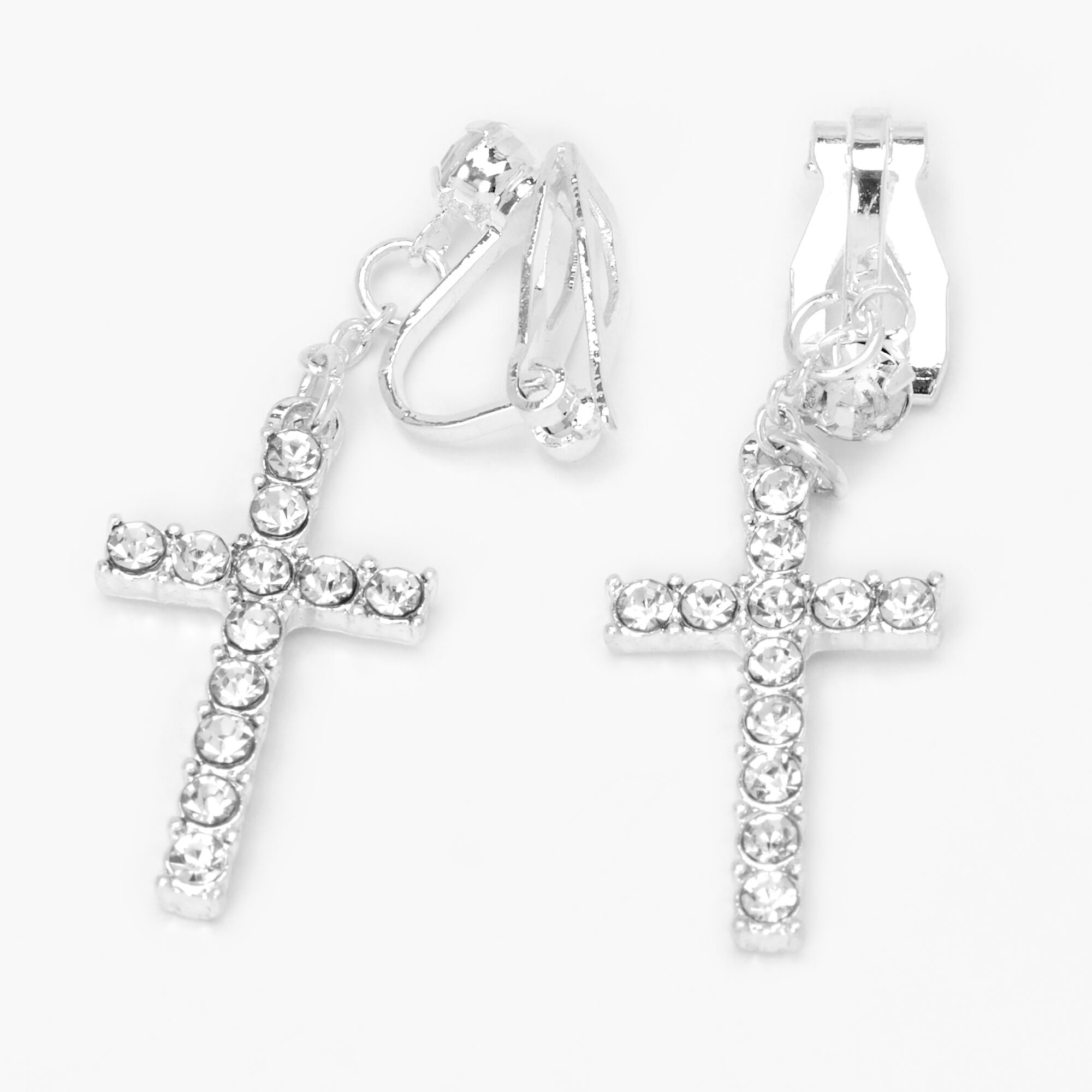 View Claires Tone Embellished Cross ClipOn 15 Drop Earrings Silver information