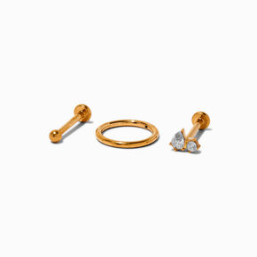 Gold-tone Titanium Cubic Zirconia 18G Stud &amp; Hoop Threadless Cartilage Earrings - 3 Pack,