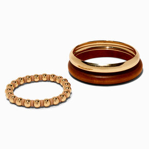 Gold-tone Metal &amp; Wood Bangle Bracelets - 3 Pack ,