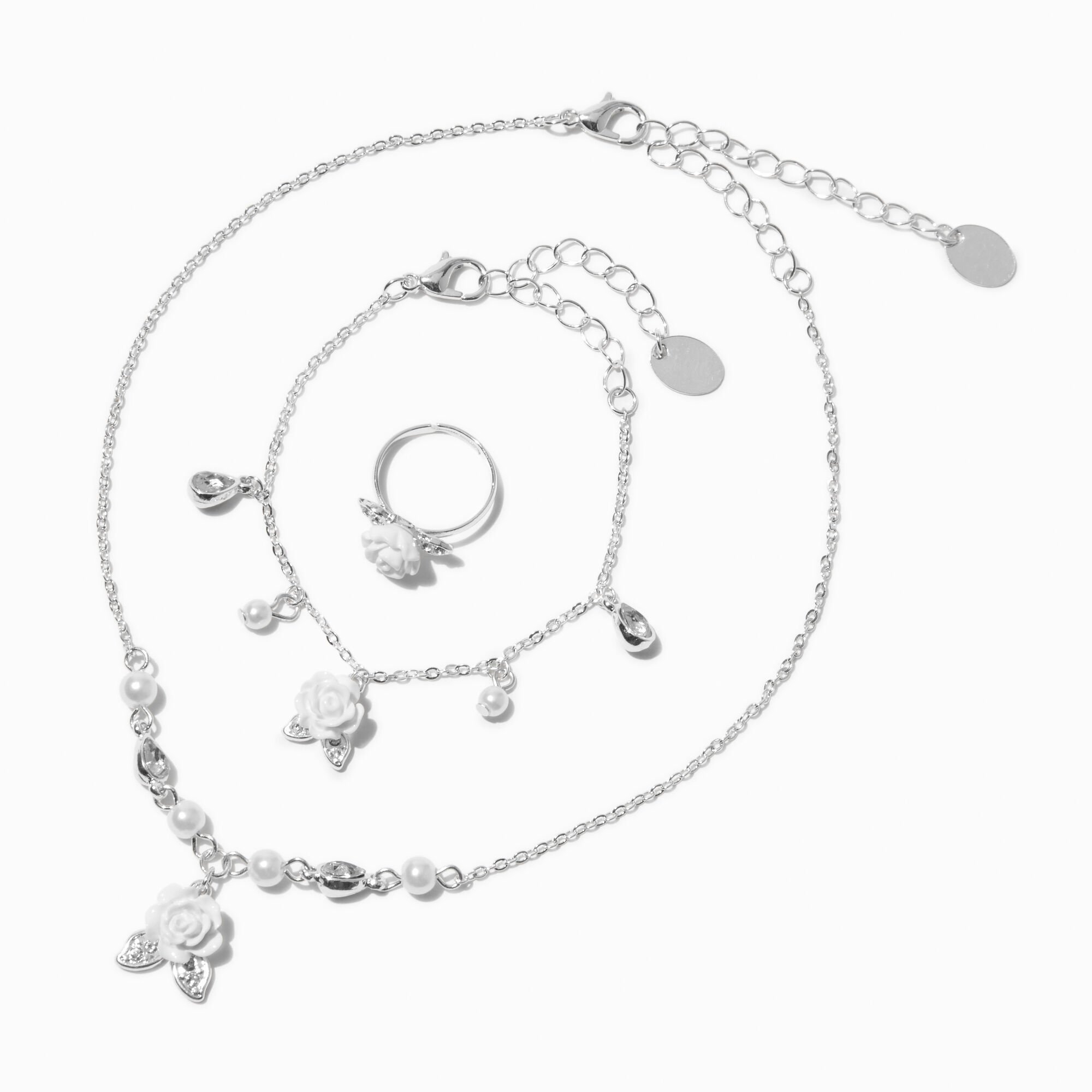 View Claires Club Pearl Rose Tone Jewelry Set 3 Pack Silver information