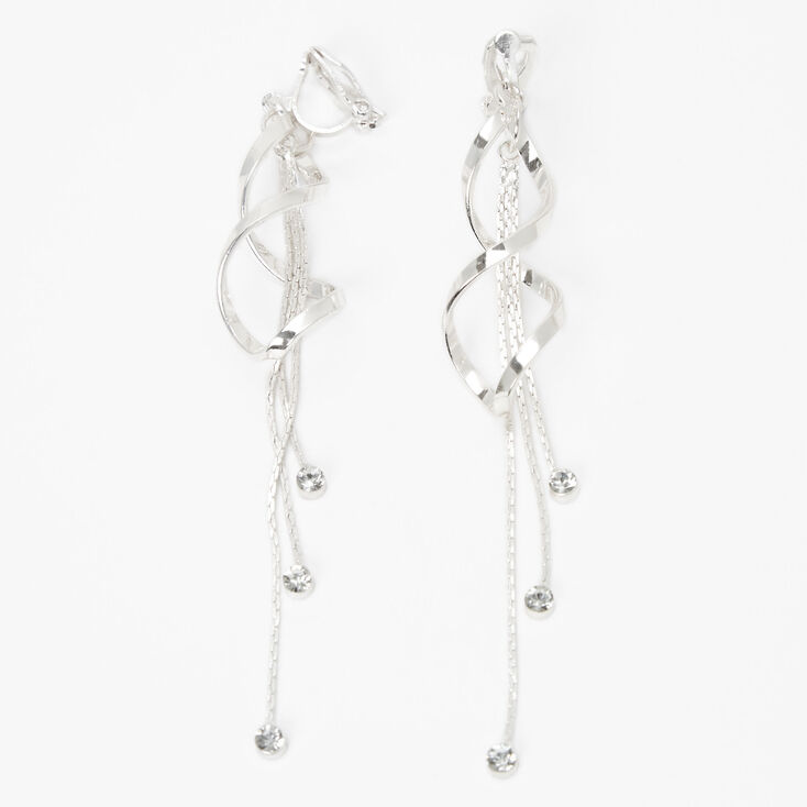 Silver 3.5&quot; Rhinestone Ribbon Clip-On Drop Earrings,