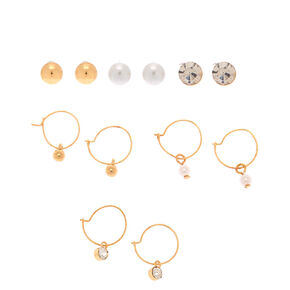 Gold Crystal Pearl Mixed Earrings - 6 Pack,
