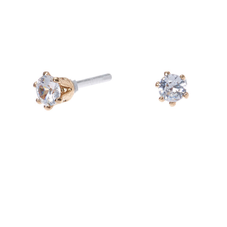 Gold Cubic Zirconia Round Stud Earrings - 3MM,
