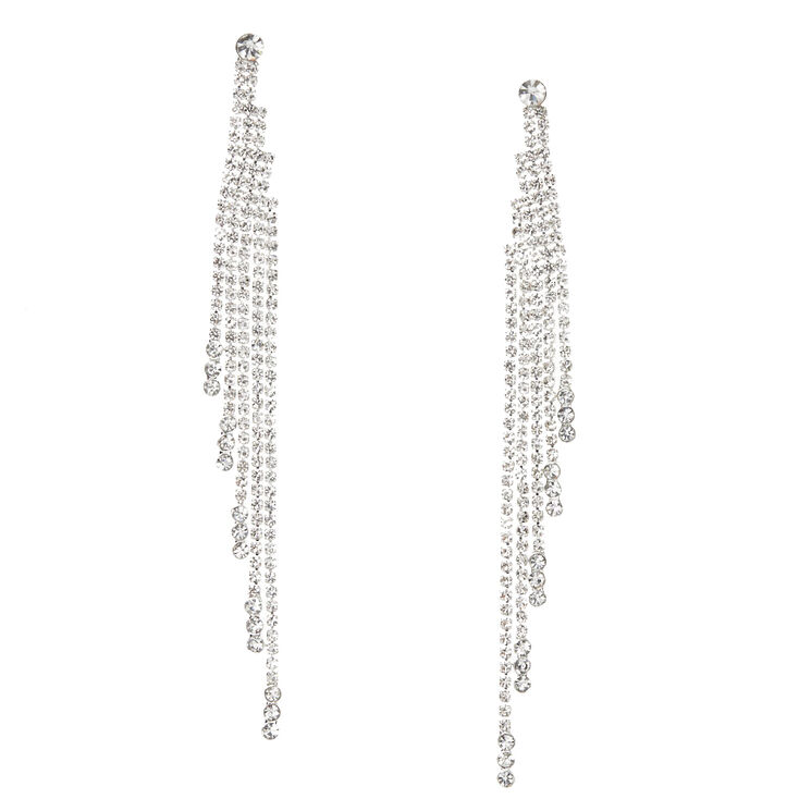 Silver Rhinestone 4&quot; Fringe Drop Earrings,