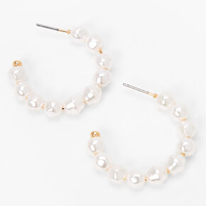 Gold 30MM Pearl Hoop Earrings - White,