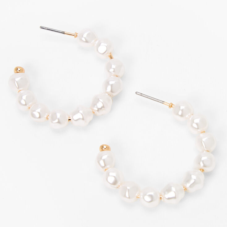 Gold 30MM Pearl Hoop Earrings - White,