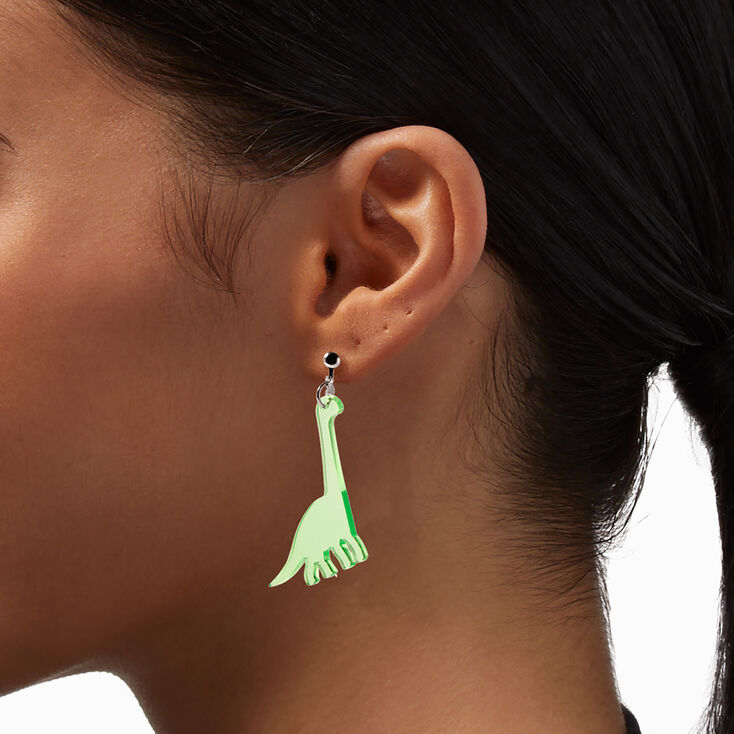 Green Brachiosaurus Dinosaur Clip-On Drop Earrings,