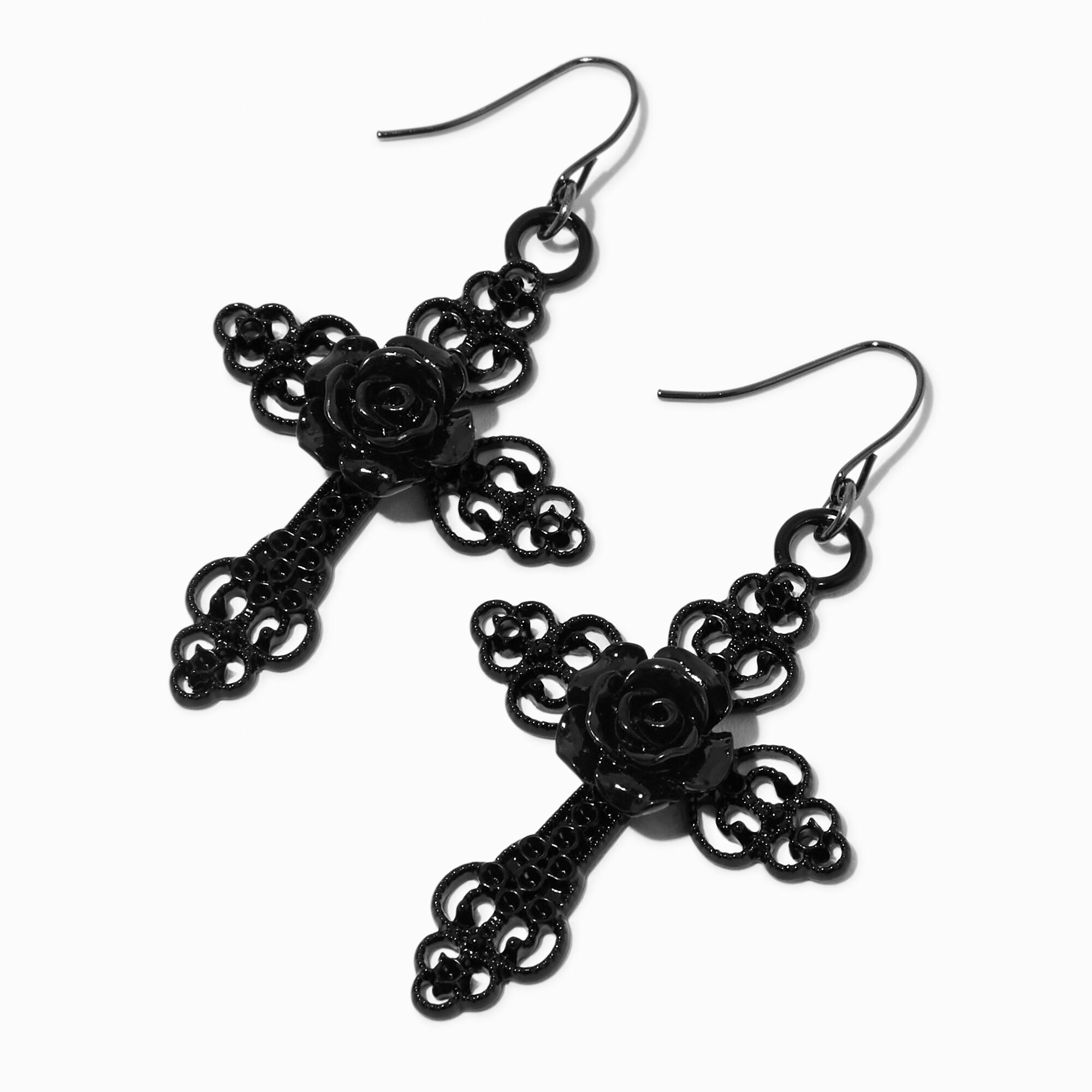 View Claires Rose Cross 2 Drop Earrings Black information