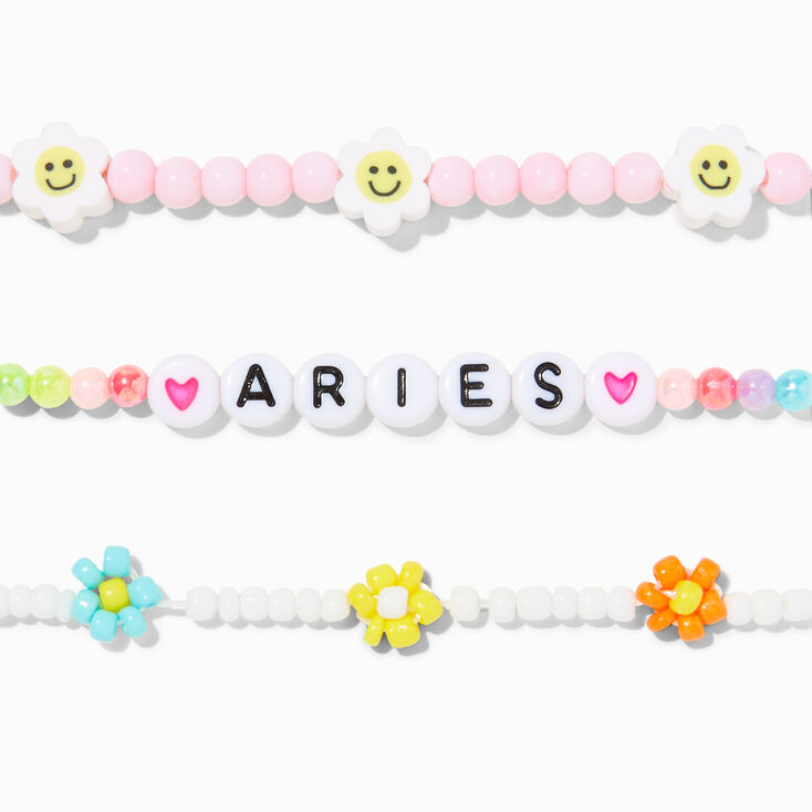 Zodiac Daisy Happy Face Beaded Stretch Bracelets - 3 Pack, Aries,