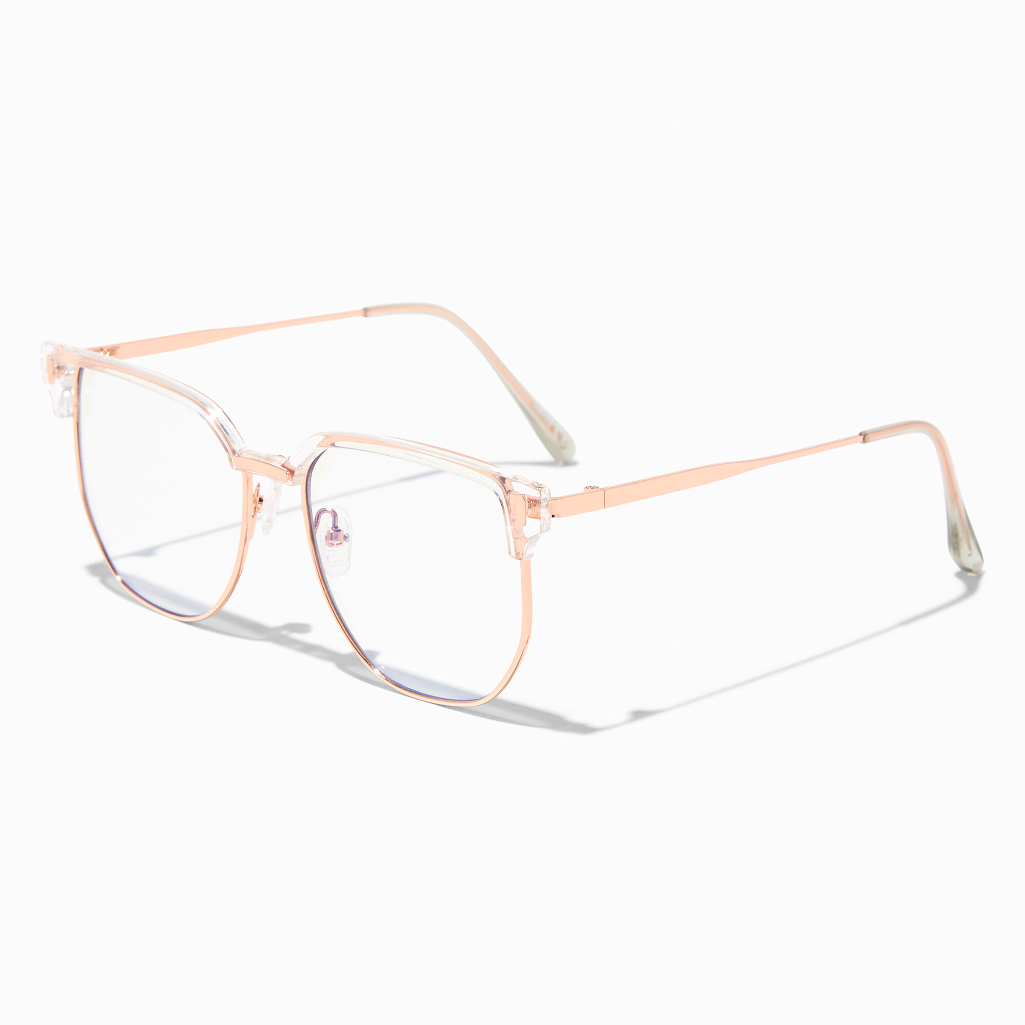 View Claires Solar Light Reducing Rose Gold Geometric Clear Lens Frames Blue information
