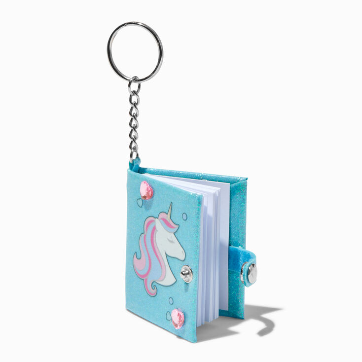 Porte-cl&eacute;s mini journal avec strass c&oelig;ur licorne,