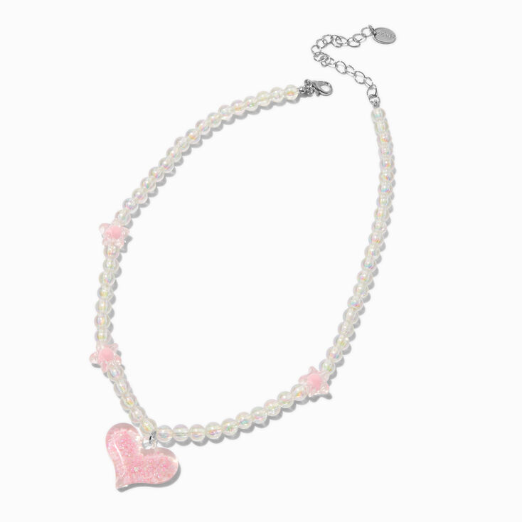 Pink Heart Iridescent Beaded Pendant Necklace,