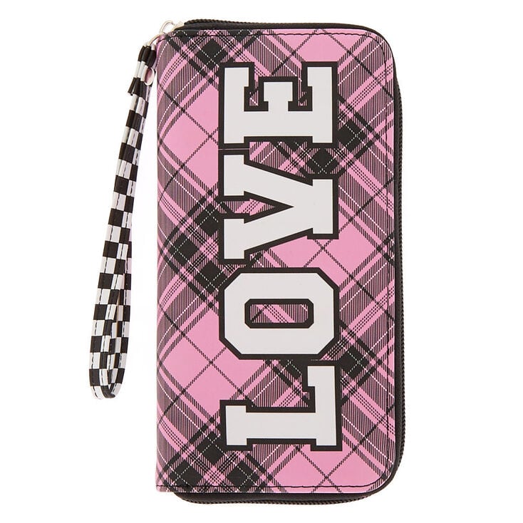 Claire's Pochette poignet « Love » rose à motif écossais et carreaux