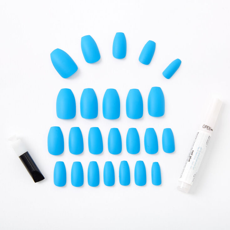 Neon Matte Coffin Faux Nail Set - Blue, 24 Pack,