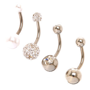 Silver 14G Sparkly Pearl Belly Rings - 4 Pack,