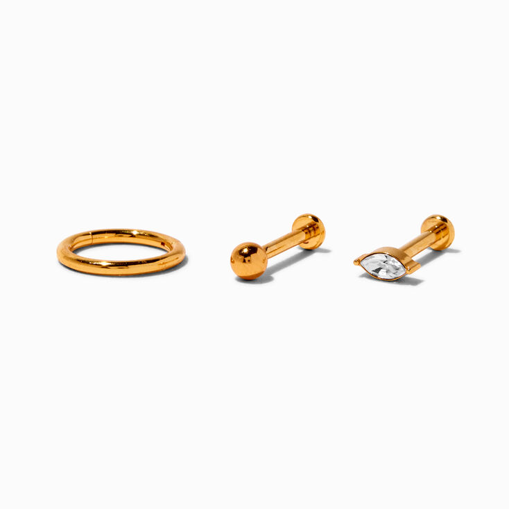 18k Gold Plated Titanium 16G Crystal Marquise Cartilage Stud & Hoop Earrings - 3 Pack