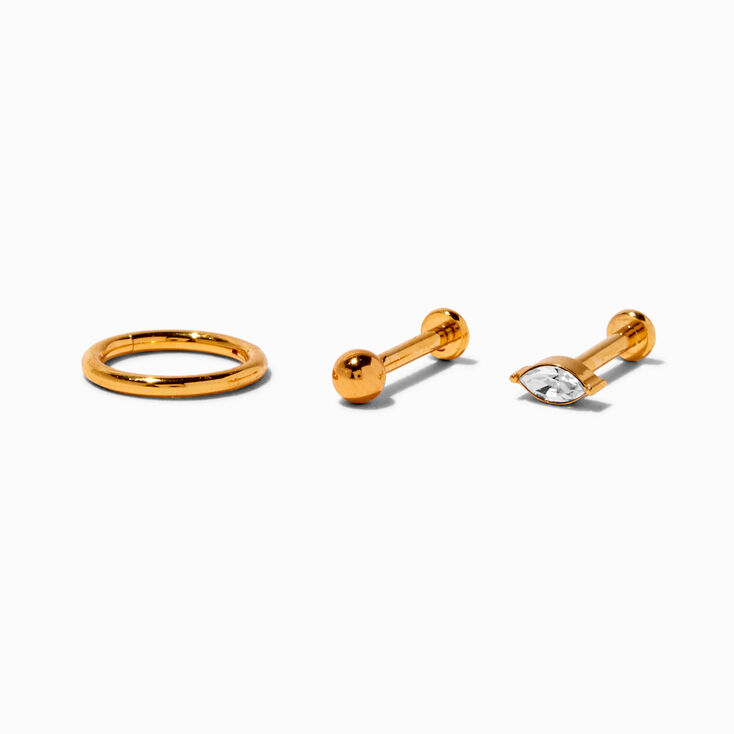 18kt Gold Plated Titanium 16G Crystal Marquise Cartilage Stud &amp; Hoop Earrings - 3 Pack,