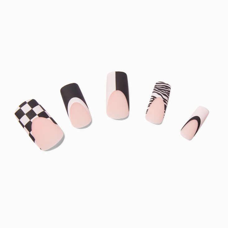 Zebra Check Tip Long Square Vegan Faux Nail Set - 24 Pack,