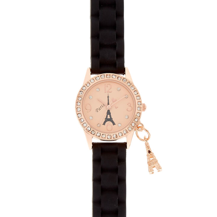 Rose Gold Tone &amp; Black Paris Themed Rubber Watch,