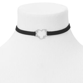 Silver Heart Charm Choker Necklace - Black,