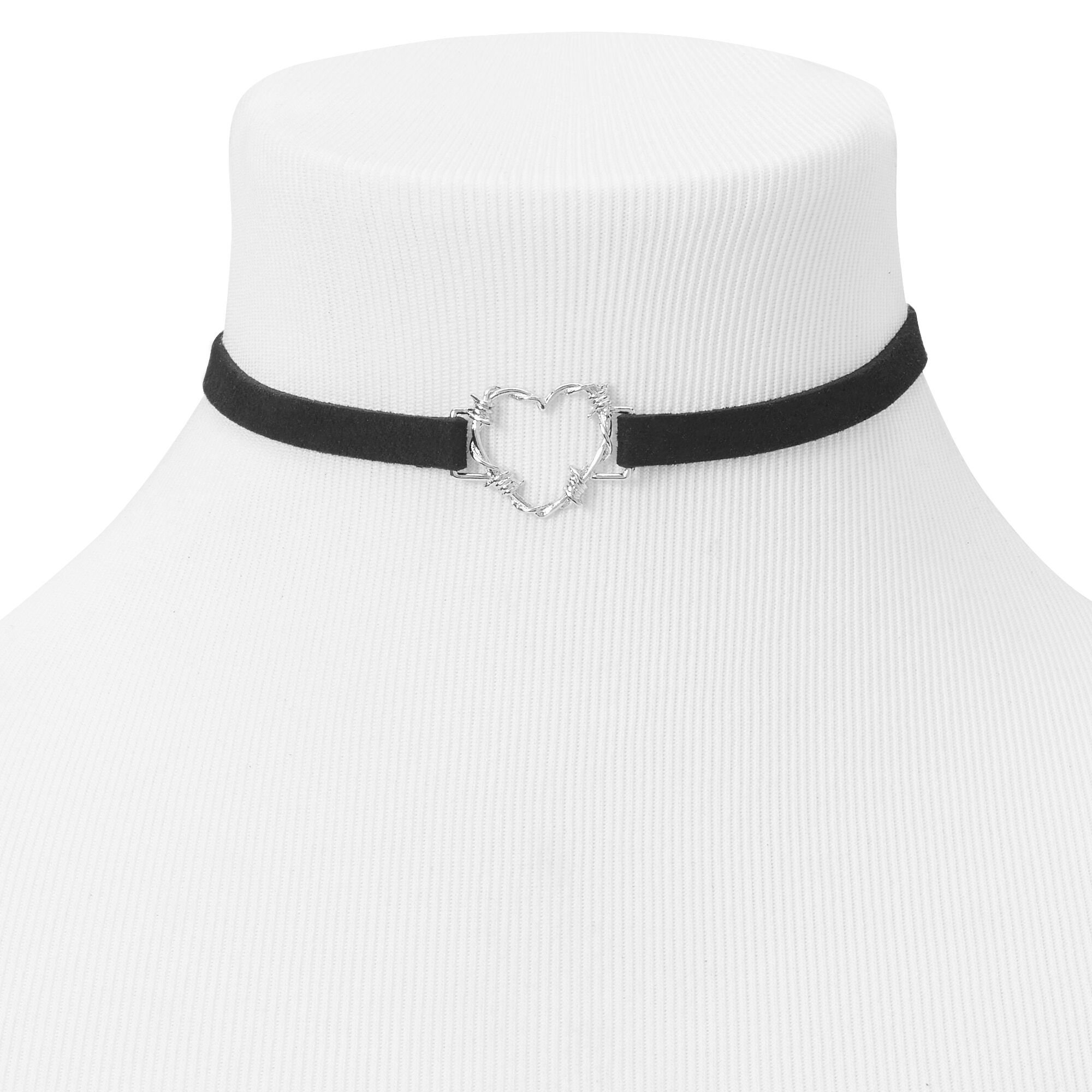View Claires Silver Heart Charm Choker Necklace Black information
