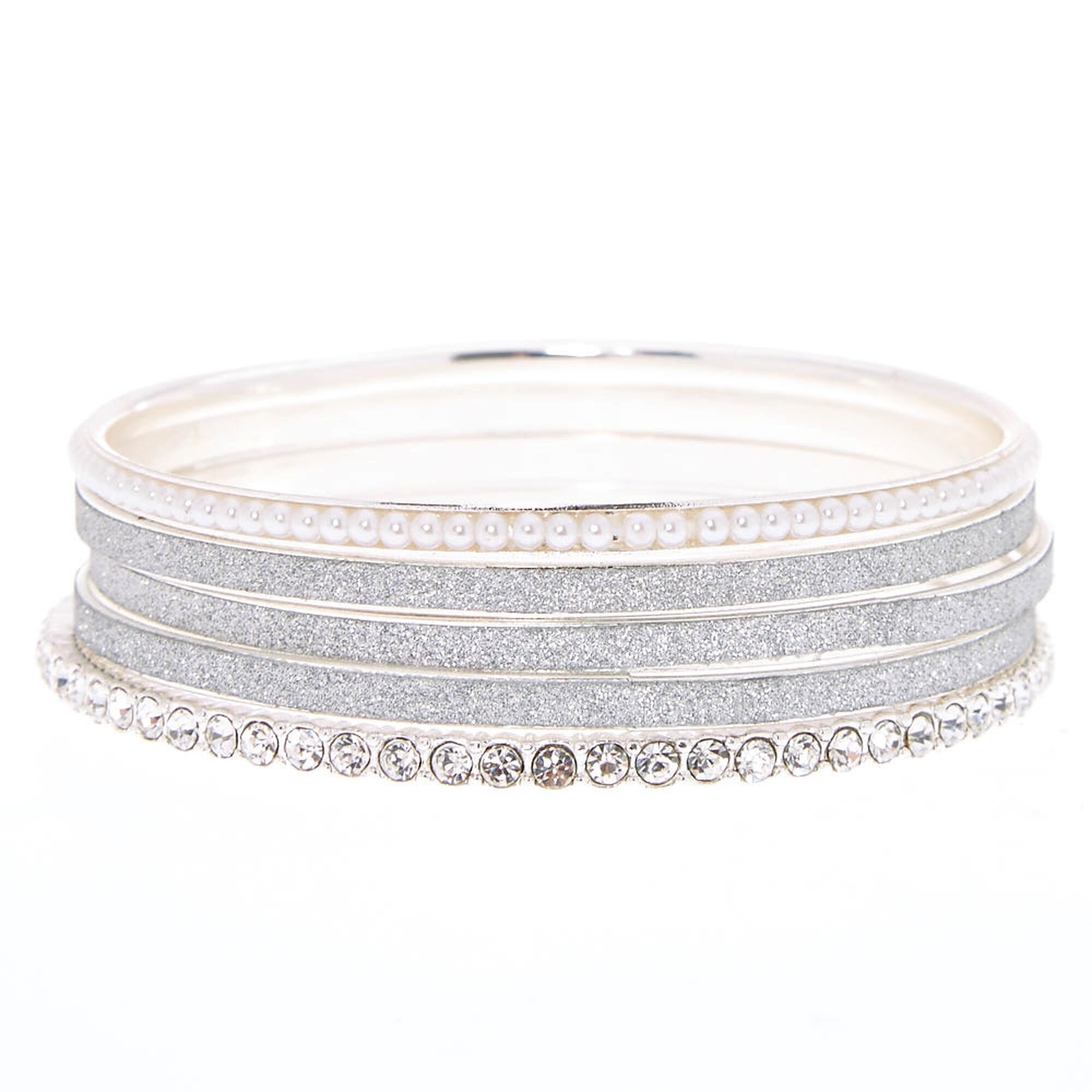 Silver Glitter Pearl Mixed Bangle Set Claire S Silver Glitter Pearl Mixed Bangle