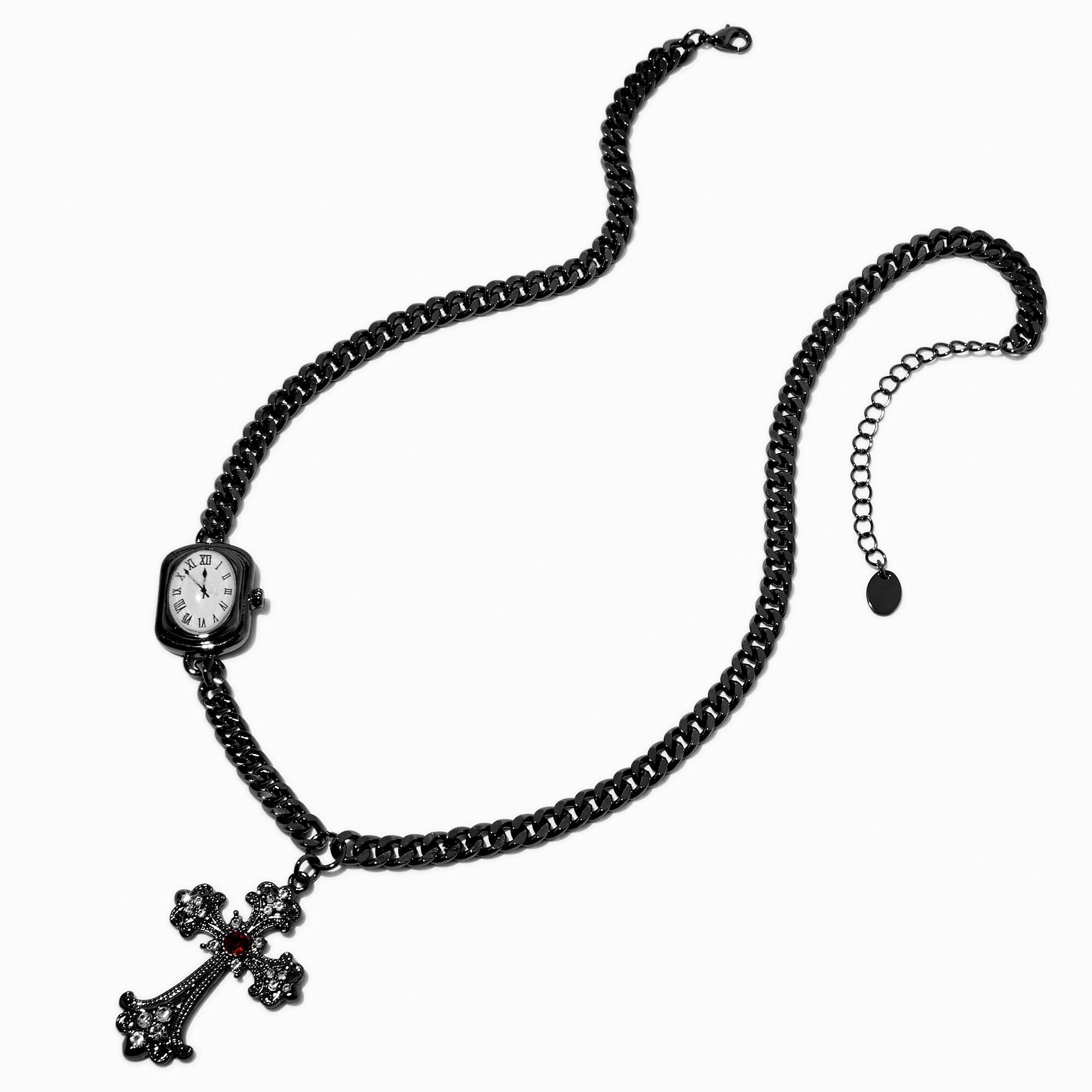 Collier à pendentif horloge et croix couleur hématite oversize,