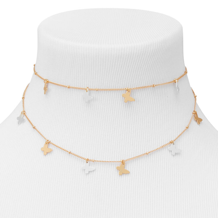 Gold-tone Two Tone Butterfly Multi Strand Choker Necklace,